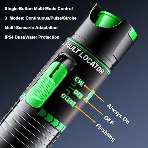 Green Light Fiber Optic Tester - Visual Fault Locator, 510nm Wavelength, Compatible with SC/FC/ST/LC Interfaces, Ideal for Network Maintenance & Data Center Technicians.