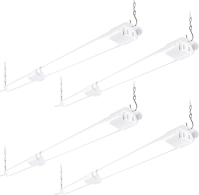 PARMIDA (4 Pack) Linkable LED Utility Shop Light, 45W, 3FT Integrated Fixture ETL 4500LM Plug-in Garage Lighting, On/Off Switch, Surface or Suspension Mount for Basement Workshop Office, White - 5000K