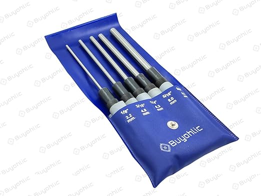 Buyohlic Drive Pin Punch Set with Knurled Grip and Protective Vinyl Case (Set of Both)