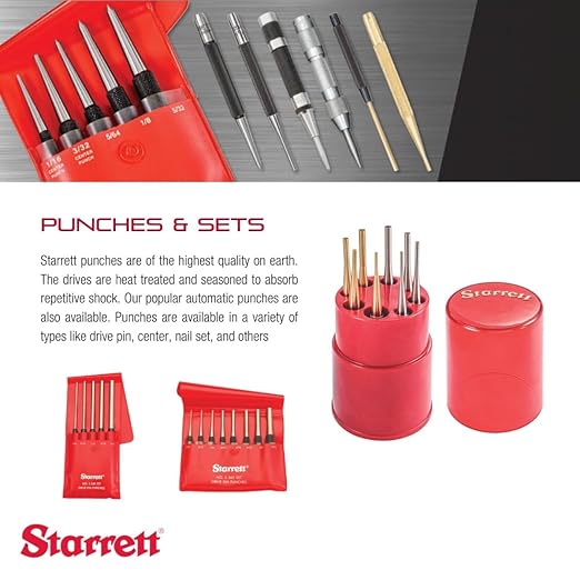 Starrett Drive Pin Punch Set with Knurled Grip and Protective Vinyl Case - 4" Length, 1/16", 3/32", 1/8", 5/32", 3/16", 7/32", 1/4", 5/16" Punch Diameter - Set of 8 - S565PC