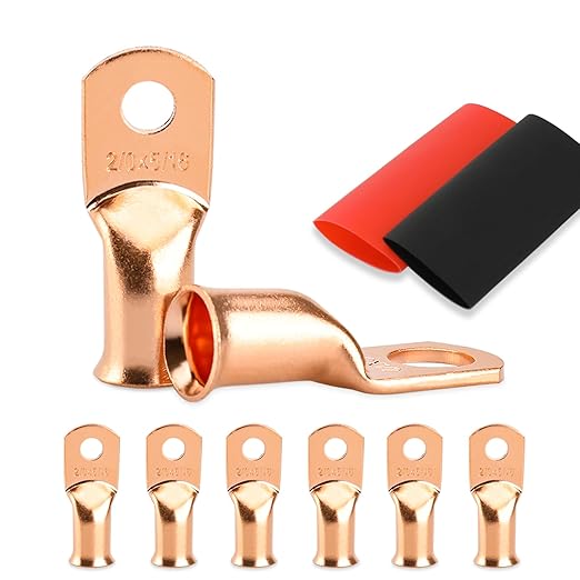 Battery Cable Ends, 8PCS Battery Cable Ends, 2/0 Gauge Wire Connectors 5/16 Copper Wire Lugs, Bare Copper Eyelets with Heat Shrink Tubing