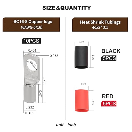 Thick Copper Electric Wire Lugs,10Pcs Tinned Copper Gauge 6Awg-5/16(M8) Ring Heavy Duty Battery Cable Lugs Ends Ring Terminals Connectors with 10Pcs 3:1 Heat Shrink Tubing Assortment Kit