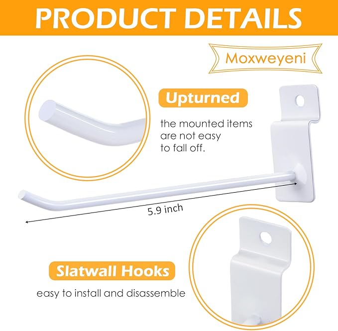 Moxweyeni 100 Pack Slatwall Hooks Slatwall Accessories Slat Wall Hanging Pegboard Hangers Slat Board Display Hooks for Retail Garage Organization Gridwall, White(5.9 Inch)