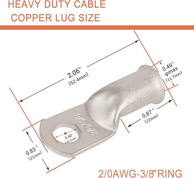 10pcs 2/0 AWG-3/8(M10) Tinned Copper Ring Terminals Battery Lugs, Heavy Duty Wire Lugs, Battery Cable Connectors