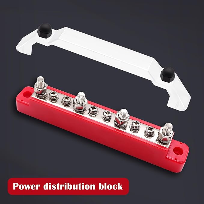 150A 12V Bus Bar Marine, 1/4" Power Distribution Block, Battery Buss Bar, Automotive Busbar Terminal Block for Car and Boat, 4 x 1/4" (M6) Posts, 6 x #8 (M4) Screws Terminals (Black+Red)