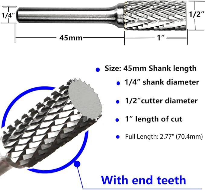 Carbide Burr Set 1/4" Shank SA-5 Die Grinder Bits Tungsten Double Cut Burr Bits (1/2" Cutter Dia X 1" Cutter Length) for Die Grinder Bits Metal Grinding Drilling Polishing (5pcs)