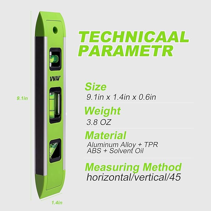 9 Inch Torpedo Level, Magnetic Bubble Level with 45°/90°/180° Bubble Vials, Shock Resistant Leveler Tool for Measuring (2)