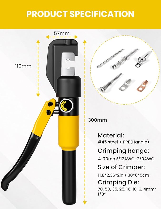10 Tons Hydraulic Crimping Tool Battery Cable Lug Terminal Crimper with 9 Pairs of Dies, 12 AWG to 2/0 AWG Wire Crimping Tool