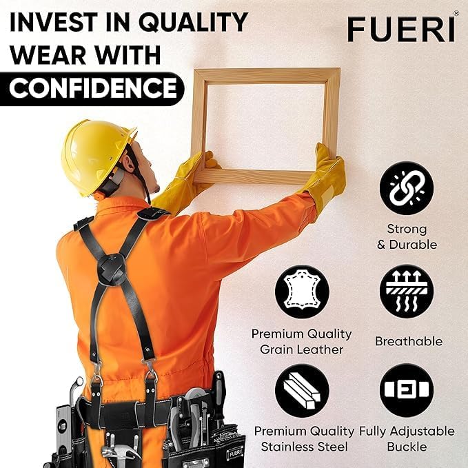 Heavy Duty 19 Pocket Leather Tool Belt Suspender Multipurpose Pockets Work Organizer Pouch Framing Fat Lip Tool Holder for Carpenter, Construction, Handyman, and Electrician Tool Belt Set