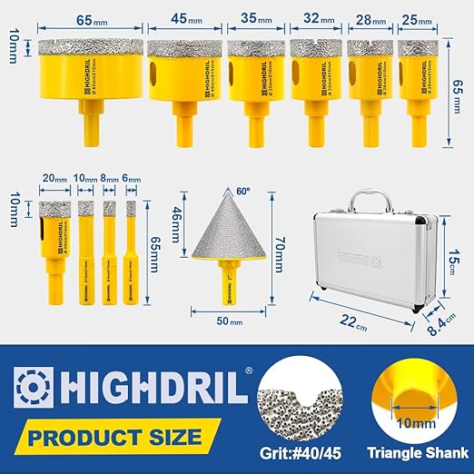 HIGHDRIL Diamond Drill Bits Kit with Triangle Shank for Porcelain Tile Ceramic Marble Brick Concrete Vacuum Brazed Hole Saw(6/8/10/20/25/28/32/35/45/65mm+50mm Hex Shank Chamfer Beveling Bit