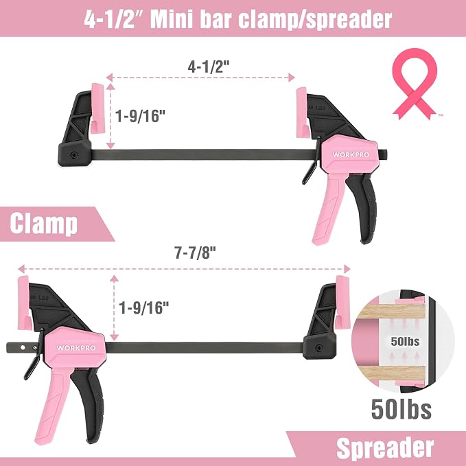 WORKPRO Mini Bar Clamps for Woodworking, 4-Piece One-Handed Clamp/Spreader - Image 2