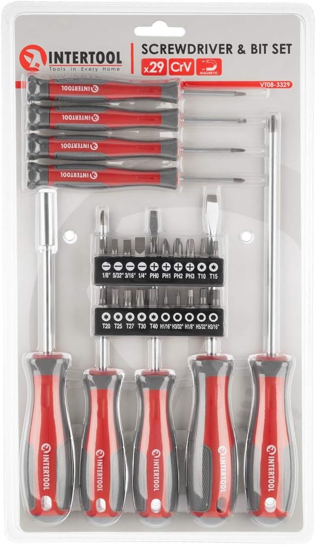 INTERTOOL Screwdriver & Precision Driver Tool Set with Magnetic tips and Bits - Phillips, Flat Head, Torx, Hex - Cr-V Steel with Cushion Grip Handles VT08-3329