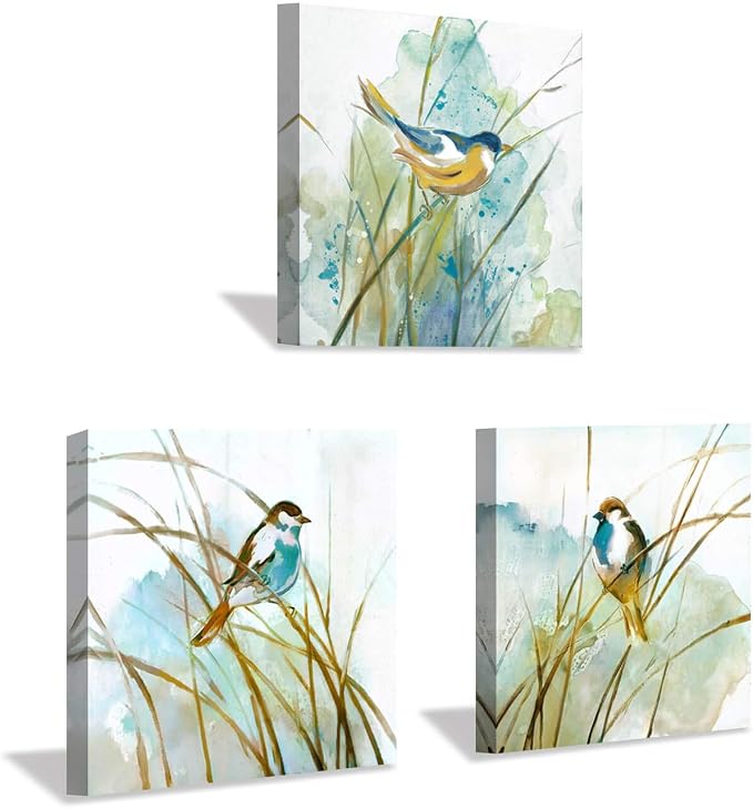 Abstract Birds Canvas Wall Art: Colorful Birds in Grass Artwork Animal Painting by HardyGallery