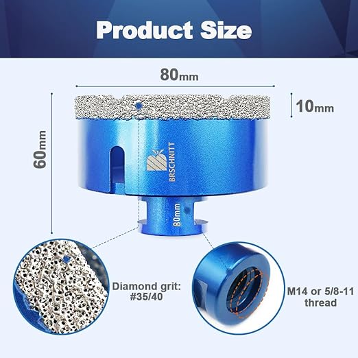80mm Diamond Core Drill Bit for Porcelain Tile Ceramic Marble Granite Drilling,BRSCHNITT 1pc Vacuum Brazed Diamond Hole Saw with 5/8-11 Thread (80mm)