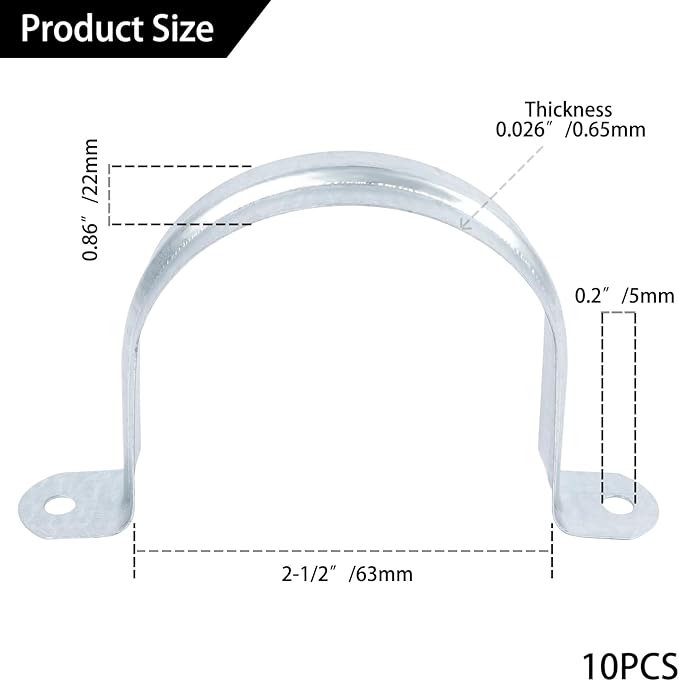 2-6/16 Inch Reinforced Rigid Pipe Strap, 2 Holes U Bracket Cable Clamp Hanger, Zinc Coated Tension Tube Clip, Conduits Strap Clamps for Pipe Fixing on Various Surfaces, 10 PCS(63 mm)