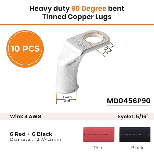 SELTERM 10pcs - 4 AWG 5/16" Stud 90° Bent Battery Lugs - Ring Terminal Connectors with 12pcs 3:1 Black & Red 1/2" Heat Shrink Tubing - Heavy Duty Battery Cable Ends - Tinned Copper Wire Connector Kit