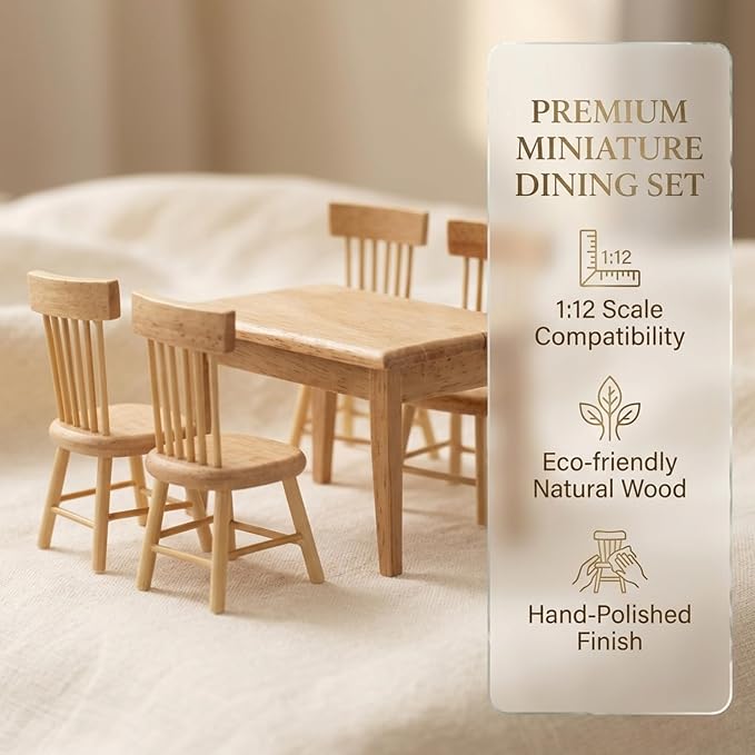 Z MAYABBO Wooden Dollhouse Furniture of Table & Chair, Miniature Dollhouse - Image 5