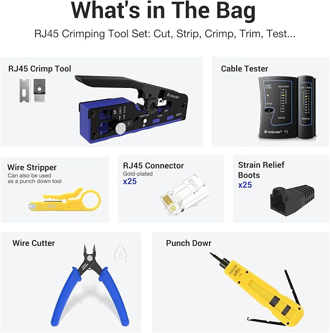 VCELINK Ethernet All-in-One RJ45 Crimp Tool Kit, Cat6/7 Crimping Tool Kit With Cable Tester,Wire Stripper, Cutters,Punch Down Tools, 25Pcs Cat 6 Connectors and Strain Relief Boots for DIY