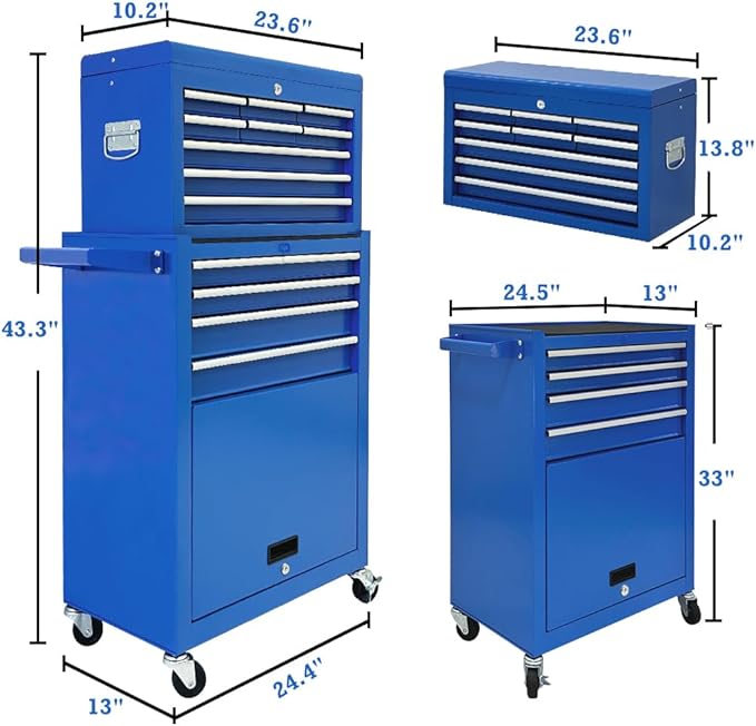 13 Drawers Tool Chest with Wheels,Large Capacity Tool Storage Cabinet with Removable Top Toolbox, Locking Mechanical Tool Cart with Liner,Suitable for Garages, Warehouses-Blue