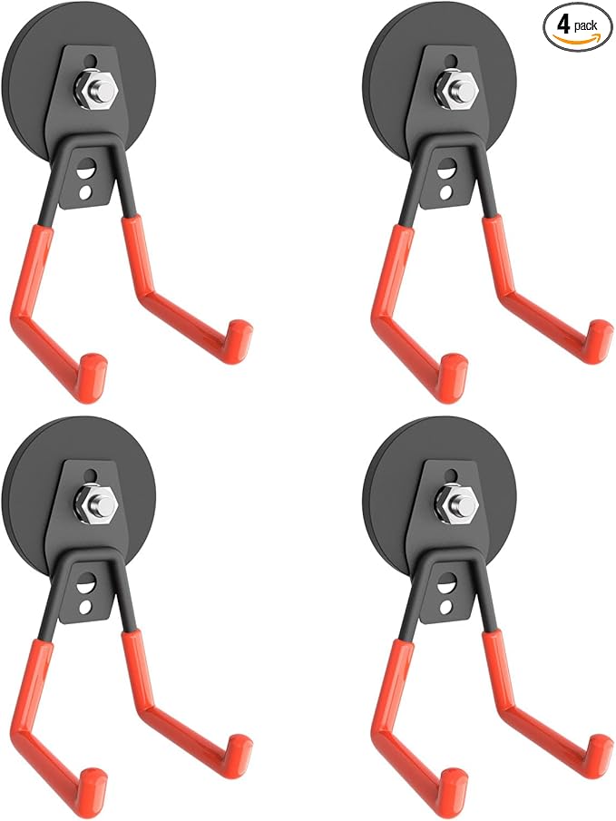 Garage Magnet Hooks, Heavy Duty Magnetic Hooks Tool Hangers for Garage Workshop Magnetic Metal Wall Hook Hangers with Anti-Slip Coating for Ladders, Garden Tools, Bulky Items (4 Pack)