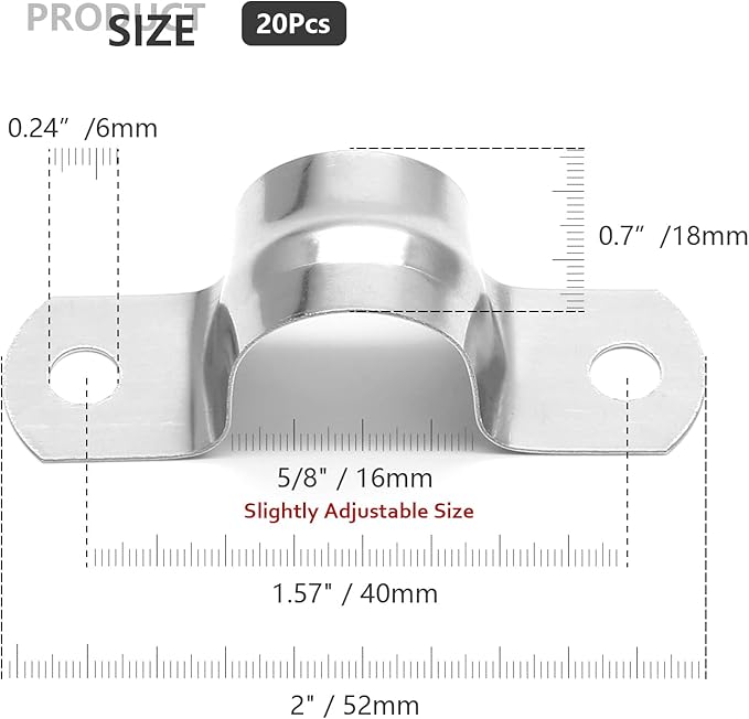 20Pcs 5/8 Inch Stainless Steel Conduit Clamps, Two Hole Strap U Bracket Rigid Pipe Strap Metal U Clamp Conduit Strap Tension Clips U-tube Clamp Heavy Duty
