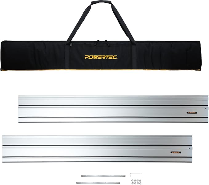 POWERTEC 110" Track Saw Guide Rail Joining Set for Ridgid Track Saws, Include 2x55" Extruded Aluminum Guide Rail, 2 Rail Extension Connectors and Protective Carrying Bag (72133)