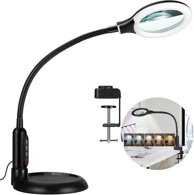 10X Magnifying Glass with Light and Clamp, 5 Color Modes Stepless Dimmable by TOMSOO