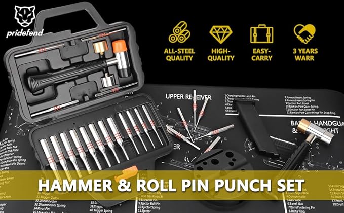 Pridefend Punch Set, Roll Pin Punch Set Made of Solid Material,Including Steel Pin Punch Set, Roll Pin Starter Punch and Hammer,with Organizer Storage Box (with Bench Block)