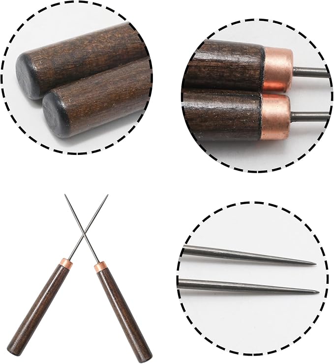 Yinluluna 2Pcs Scratch Awl Tool, Wooden Handle Slender Awl for Leather Craft Repair, Punching Stitching and Sewing