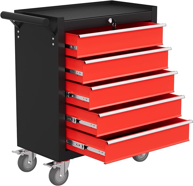 Rolling Tool Chest with Drawers, 5 Drawers Tool Chests & Cabinets, Metal Toolbox with Wheels, Lockable Storage Cabinet, Garage Tool Box with Drawers (BlackRed, 5 Drawers)