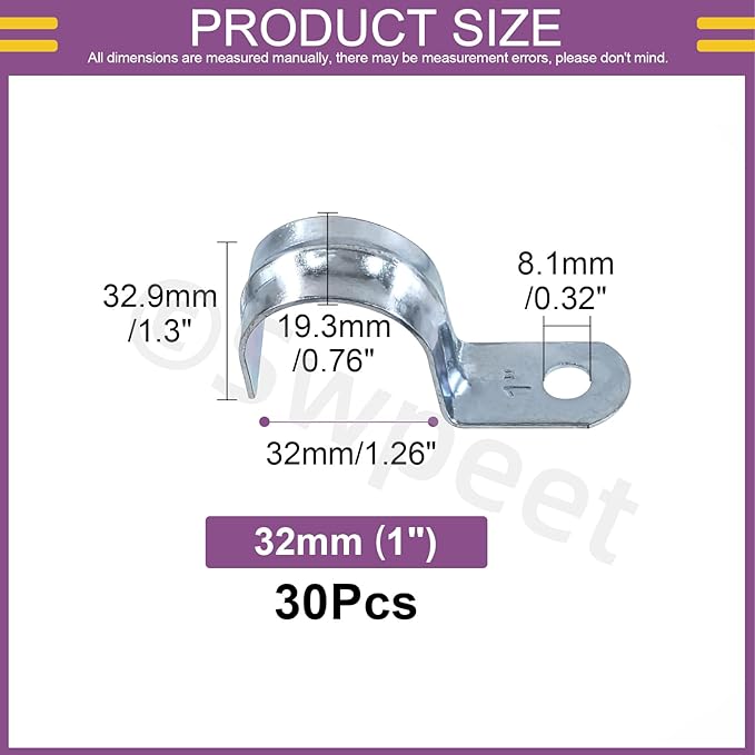 Swpeet 30Pcs 1-1/4"(32mm) Zinc Plated One Hole EMT Pipe Strap Kit, Pipe Straps U Bracket Tube Strap Pipe Clamp 1 Hole Snap On Pipe Strap Conduit Clamps Tension Clips for Fixing EMT Conduit Pipe