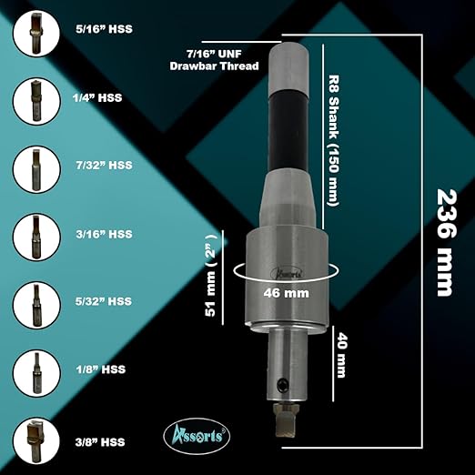 ASSORTS Precision Rotary Broach with R8 Shank (7/16" UNF Drawbar Thread) and H.S.S Square Punch 7 Pcs– Ideal for CNC, Lathe, Milling & Drilling Machines