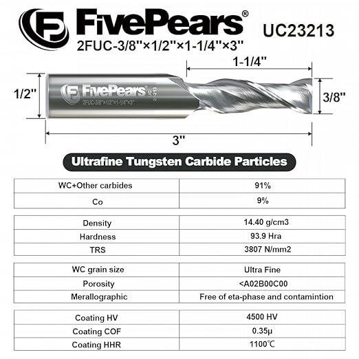 FivePears Up Cut Spiral Router Bit for CNC, 3/8 inch Cutting Diameter and 1-1/4 inch Cutting Length 1/2 inch Shank Carbide End Mill Router Bit for Wood Carving Engraving Grinding Grooving