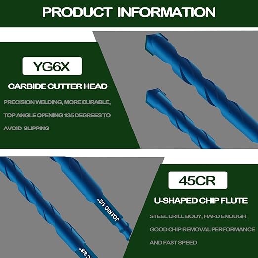 10PCS Blue Masonry Drill Bits, Concrete Drill Bit Ceramic Tile Drill Bit Set Tungsten Carbide Tipped Ceramic Tile Drill Bits for Concrete Brick Glass Plastic and Wood（3/16”-1/2”）