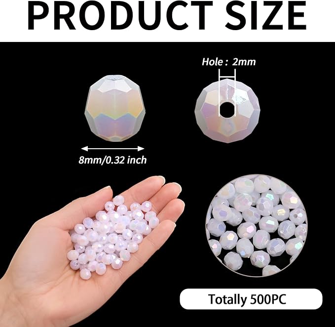 BONNY BOXX 500pcs 8mm Acrylic Faceted Round Crystal Beads White AB Loose Spacer - Image 3