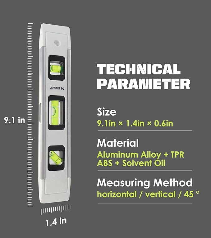 9 Inch Magnetic Box Level Torpedo Level with 45°/90°/180° Bubbles, Small Measuring Tool