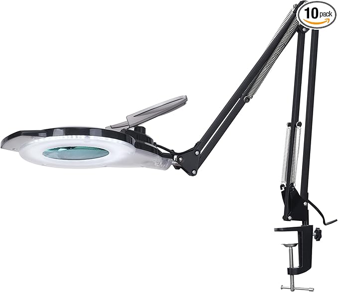 10X LED Magnifying Lamp with Clamp, KIRKAS 2,200 Lumens Dimmable Super Bright Daylight Magnifying Glass with Light, Adjustable Swivel Arm Lighted Magnifier Lamp for Reading Repair Crafts- Black