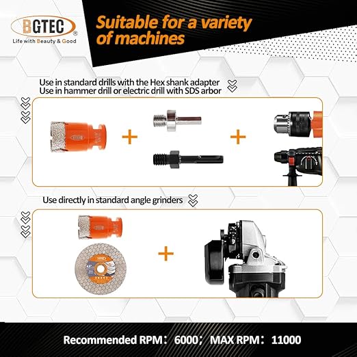 BGTEC Diamond Hole Saw Kit - 12PCS 6/6/8/19/35/50/65mm Drill Bits+20mm Milling Finger Bit+50mm Chamfering Bit+SDS/HEX+115mm Tile Blade for Porcelain Tile Ceramic Granite Marble Stoneware