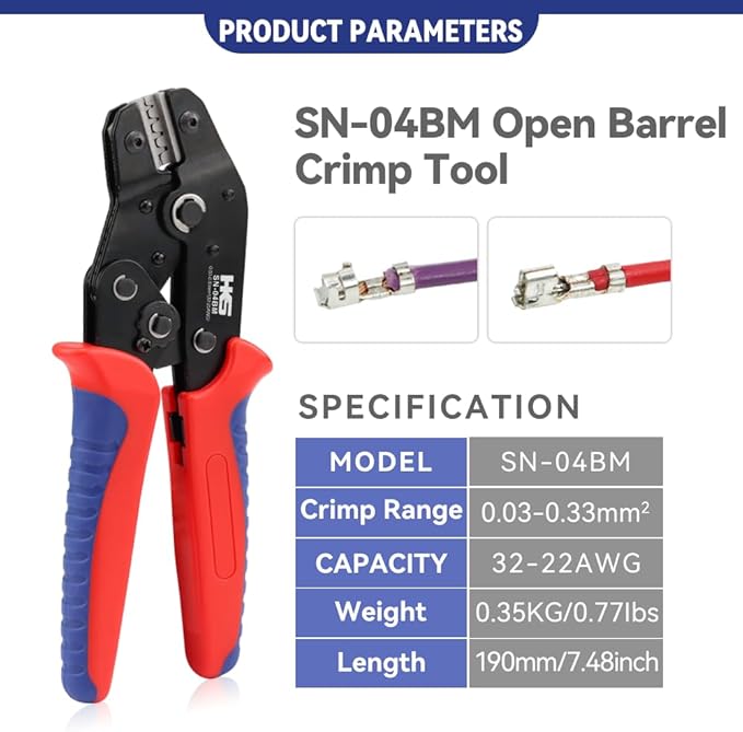 HKS Micro Connector Crimping Tool for Open Barrel Pins 32-22AWG, Ratcheting Crimper for JST-XH2.54/PH2.0/SM2.54/ ZH1.5, Molex KK/PicoBlade, Dupont SN-04BM