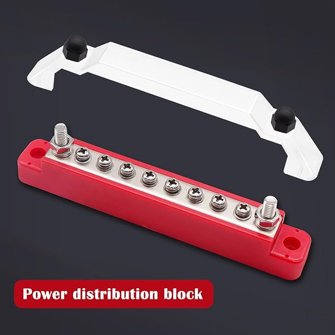 150A 12V Bus Bar Marine, 1/4" Power Distribution Block, Battery Buss Bar, Automotive Busbar Terminal Block for Car and Boat, 2 x 1/4" Posts, 8 x #8 Screws Terminals (Black+Red)
