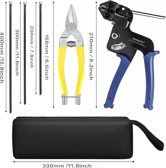 Metal Zip Ties Black & Stainless Steel Cable Tie Gun, for Fastening and Cutting Stainless Steel Zip Ties, 150pcs (8" 11.8" 15.75") fence ties for Chain Link Fence, Chicken Coop