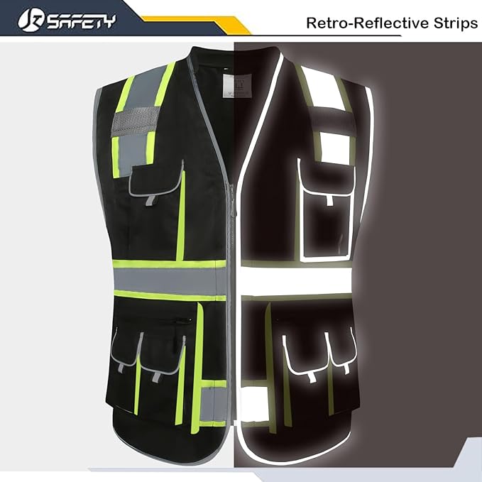 JKSafety 10 Pockets Hi-Vis Zipper Front Black Safety Vest | Cushioned Collar | High Reflective Tapes with Extended Neon Yellow Strips | Meets ANSI/ISEA Standards (Large, 89-Black)