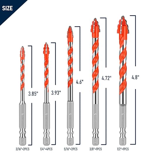 Serrated Concrete Drill Bit Set 10PCS (3/16”-1/7”), Tungsten Carbide Tip Masonry Drill Bits Set for Glass, Metal, Brick, Tile, Concrete, Plastic and Wood