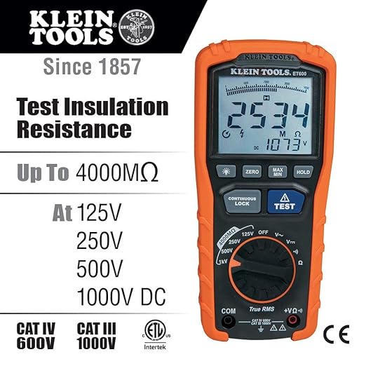 Extech Non-Contact Phase Sequence Tester - PRT200 & Klein Tools ET600 Multimeter, Megohmmeter Insulation Tester, 4000 Ohms Resistance, 125V/250V/500V/1000V, Auto-Ranging TRMS Multimeter