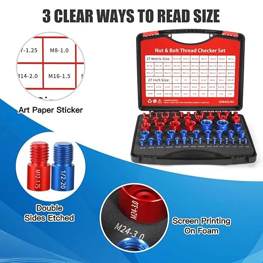 Nut and Bolt Thread Checker - 54 PCS Nut and Bolt Gauges Individually Housed in Case (27 Inch & 27 Metric) Specially Suitable for Size Check on Tricky and Narrow Area