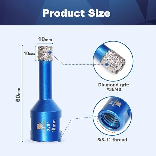 3/8 Inch Diamond Core Drill Bit for Porcelain Tile Ceramic Marble Granite Drilling,BRSCHNITT 1pc Vacuum Brazed Diamond Hole Saw with 5/8-11 Thread (10mm)