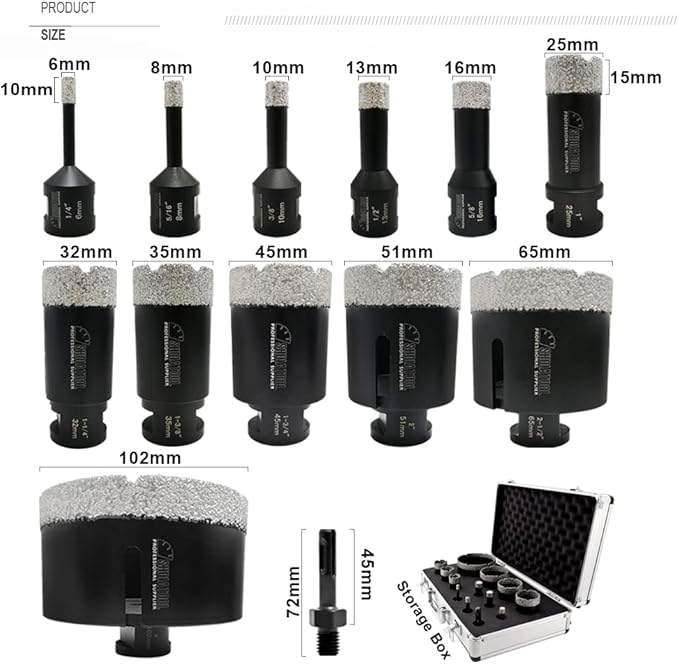 SHDIATOOL Diamond Drill Core Bits Set for Porcelain Hole Saw Cutter for Tile Marble Ceramic Granite Bricks Used for Angle Grinder Hand Drill Kit 5/8 inch-11 13pieces