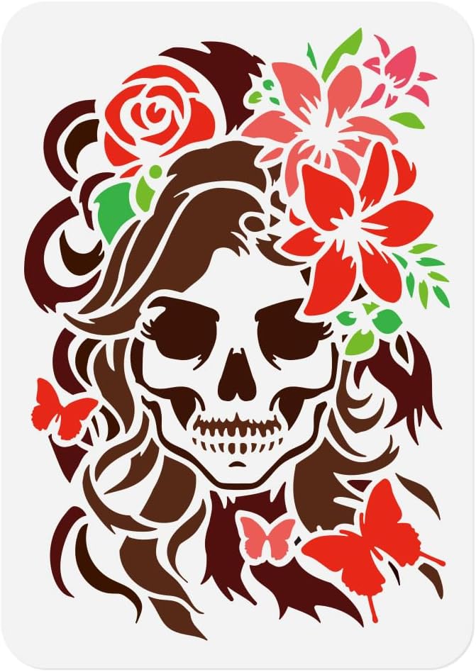 1pc Skull Lady with Flowers on Head Journal Stencil by Doodlream