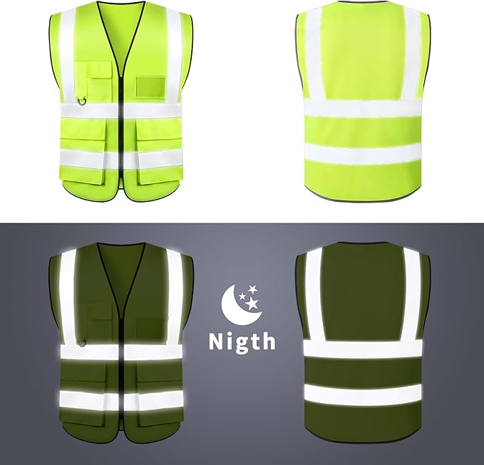 Safety Vests,Hi Vis Vest Reflective Vest with 5 Pockets and Zipper for Men Women, Neon Working Vest for Outdoor One Size