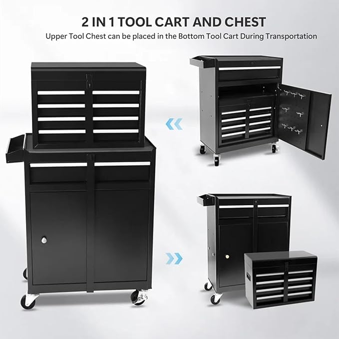 5 Drawers Rolling Tool Chest - Tool Box Organizer with Wheels and Drawers, Detachable Storage Cabinet with Lock for Garage Workshop, Black